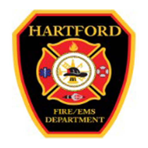 Hartford Fire/EMS Department badge featuring a gold border, red fire department emblem, firefighting symbols, and the department name in gold text on a black background.