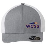 WCSS trucker hat with white mesh in heather grey with the horizontal logo in blue and yellow. The logo features a flying disc above the letters "WCSS".