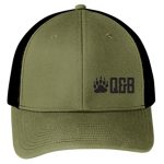 A khaki trucker cap featuring a black bear paw design next to the letters "Q&B" on the front. The cap has a black mesh back and a curved brim.