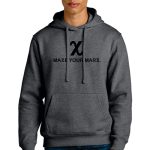 A person with short blond hair is wearing a gray hoodie featuring the black logo "MAKE YOUR MARK" on the front. They are also wearing blue jeans and standing against a plain white background.
