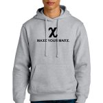 Person wearing a light gray hoodie with "MAKE YOUR MARX" printed on the front, paired with blue jeans, standing against a plain white background.