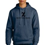 A person wearing a blue hoodie with the text "Make Your Marx" and a stylized "X" logo on the front. They have short, light-colored hair and are standing against a plain white background.