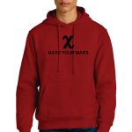Person wearing a red hoodie with the text "MAXE YOUR MARX" printed on it, along with a stylized "M" logo. They are standing and wearing blue jeans, with a neutral expression.