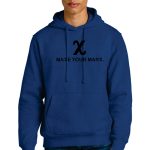 Person wearing a blue hoodie with the text "MAKE YOUR MARX" on it, paired with jeans. The person has short blond hair and stands against a plain white background.