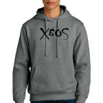 A person wearing a gray hoodie with a black design on the chest. The hoodie has drawstrings and a front pocket. They are also wearing blue jeans.