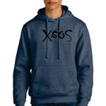 A person wearing a dark blue hoodie with black drawstrings. The hoodie has the word "X6F5" printed in black across the chest. The individual is also wearing dark jeans and has short light-colored hair, standing against a plain background.