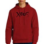 Person wearing a red hooded sweatshirt with black text that reads "Xeos" on the front. The individual has short blonde hair and is standing against a white background, dressed in blue jeans.