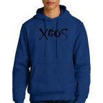 A person with short blonde hair wears a blue hoodie with "X6OS" printed on the front. They are also wearing blue jeans, and the background is plain white.