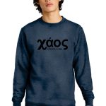 A person with medium-length dark hair wears a blue sweatshirt with the text "Xάoς" and "Create Some" printed in black on the front. The person stands against a plain white background.