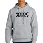 Person wearing a light gray hoodie with "XOAS CREATE SOME." printed in black on the front. They have short hair and are standing against a white background.