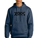 A person wearing a dark blue hoodie with "xáos" and "CREATE SOME." printed on the front. The hoodie has a front pocket and the person is also wearing jeans.