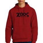 A person wearing a red hoodie with the word "Xaос" and "Create Some" printed on it in black. The individual has short hair and is standing against a plain white background.