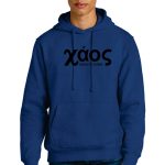 A person with short blond hair wearing a blue hoodie with the word "Xáos" and "create some" printed on the front. They are standing against a plain white background.