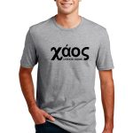 A person wearing a gray T-shirt with "χάος" and "CREATE SOME." printed on the front, standing against a plain white background.