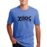 Man wearing a blue T-shirt with the word "xáos" followed by "CREATE SOME." printed on it. He is smiling, standing against a plain white background.