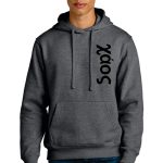 Person wearing a gray hoodie with "Xάος" printed vertically on the front, paired with blue jeans.