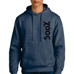 A person wearing a blue hooded sweatshirt with "Xαoς" printed vertically in black on the front. The sweatshirt has a front pocket and drawstring hood. The person is also wearing dark jeans.