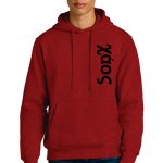 Person wearing a red hoodie with black text on the side, styled with the word "ソード" (likely "sword" in Japanese), and blue jeans. The hoodie has a front pocket and drawstrings. The person has short blonde hair.