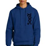 A person wearing a blue hoodie with black text on the front, paired with blue jeans, against a plain white background.