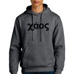 A person wearing a grey hoodie with Greek text "χάος" printed on the front. The individual has short blond hair and is also wearing blue jeans. They are standing against a white background.