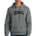 Person wearing a gray hoodie with Greek letters on the front, standing in a relaxed pose.