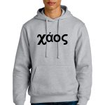 Person wearing a light gray hoodie with the Greek word "χάος" printed on the front. The individual has short, light-colored hair and is also wearing dark blue jeans.