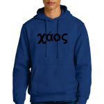 Person wearing a blue hoodie with the word "χάος" printed in black. They are also wearing jeans, standing against a plain white background.
